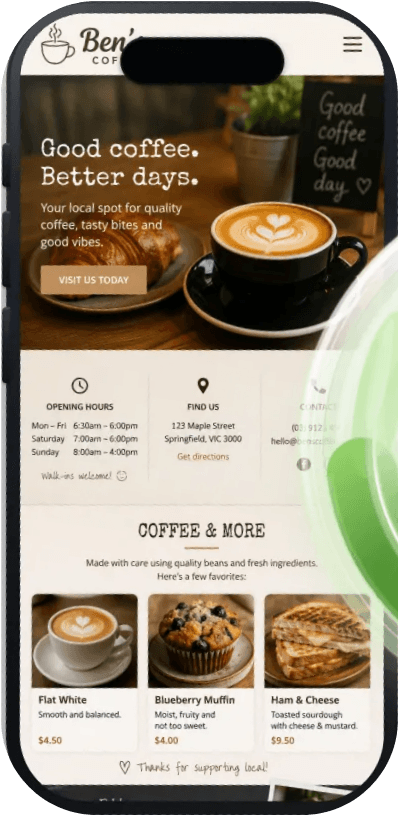 The sample site, Ben’s Coffee, on a phone
